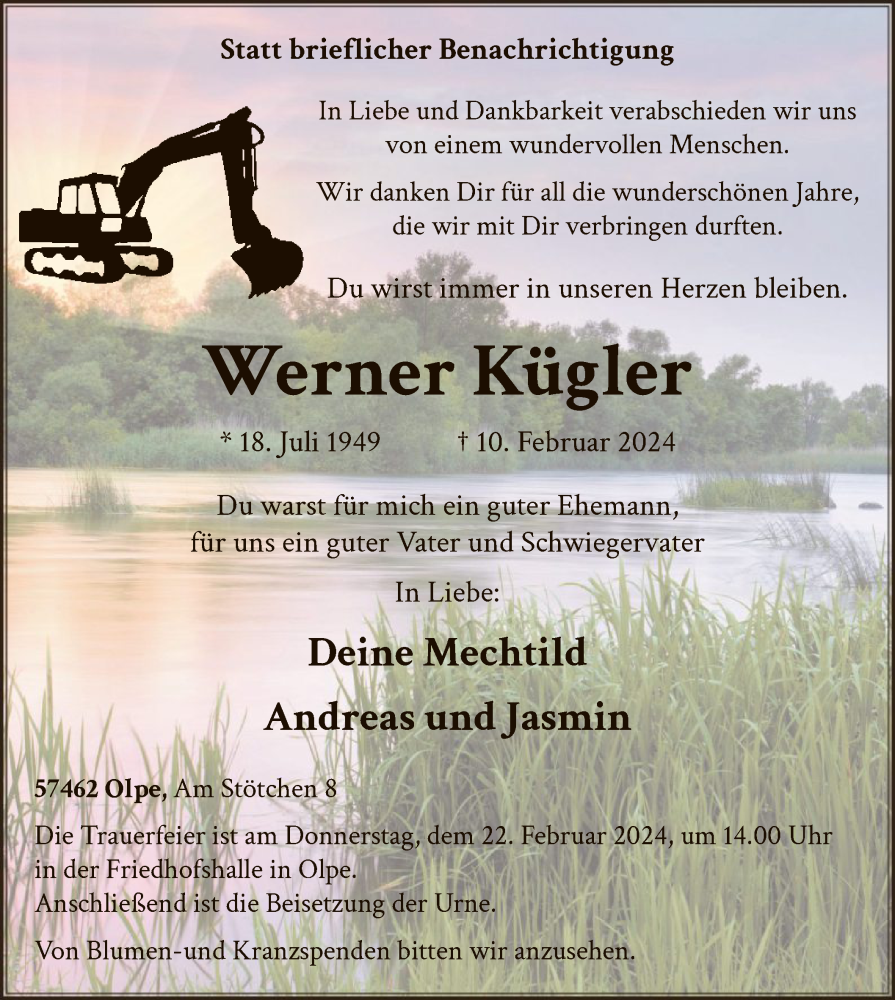  Traueranzeige für Werner Kügler vom 17.02.2024 aus WA