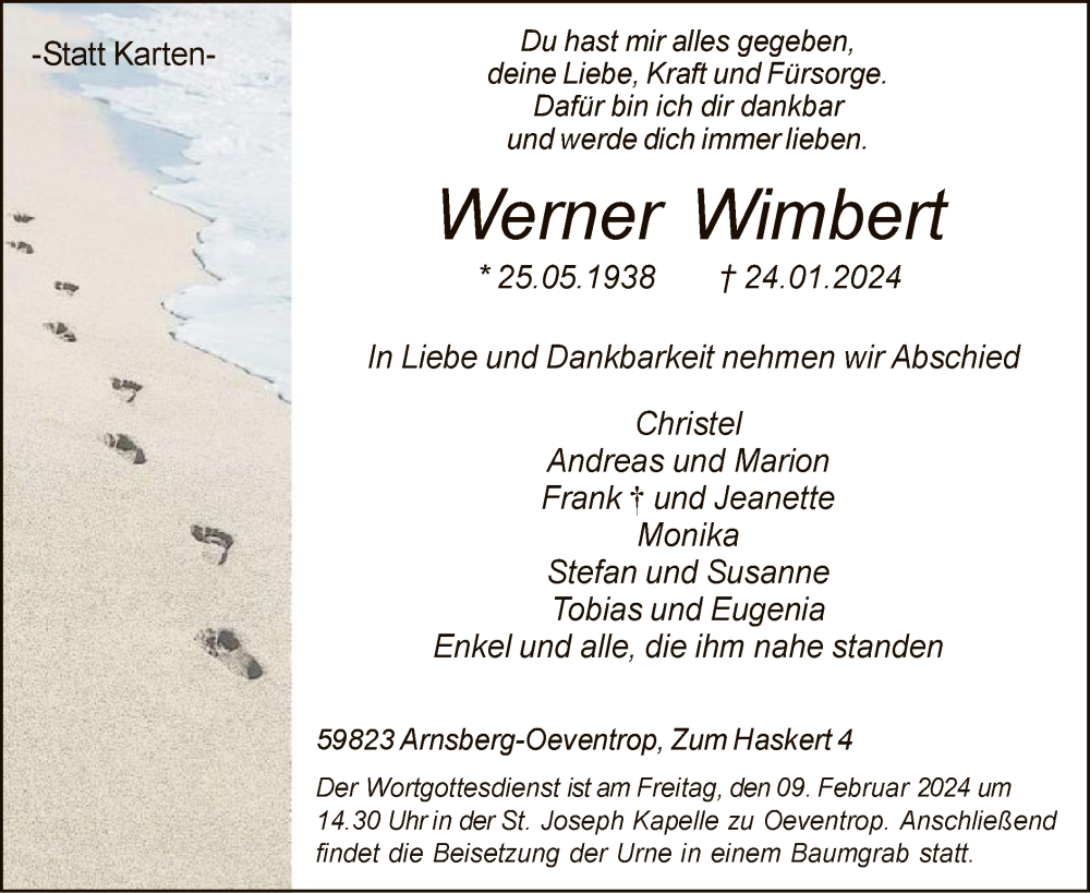  Traueranzeige für Werner Wimbert vom 03.02.2024 aus WA