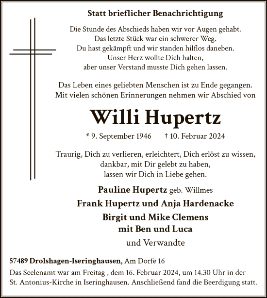 Traueranzeige von Willi Hupertz von WA