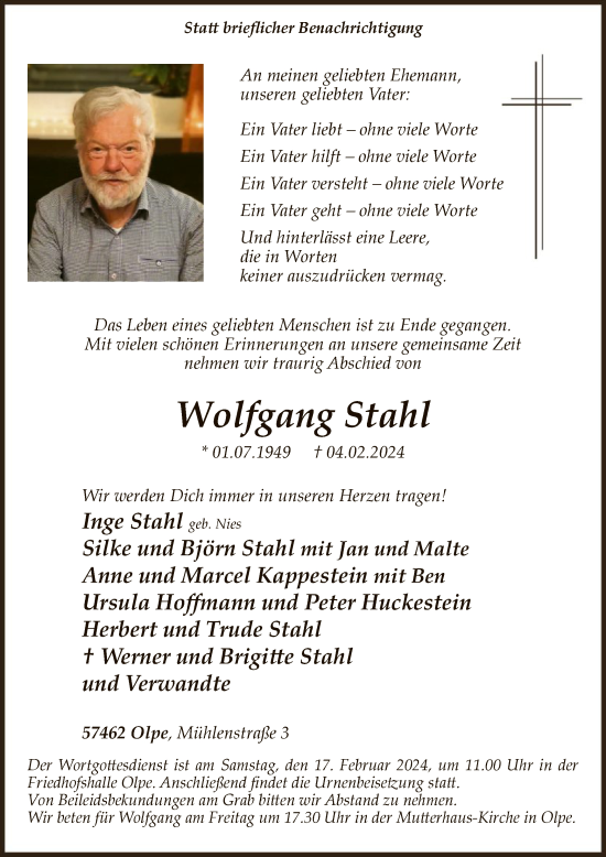 Traueranzeige von Wolfgang Stahl von WA