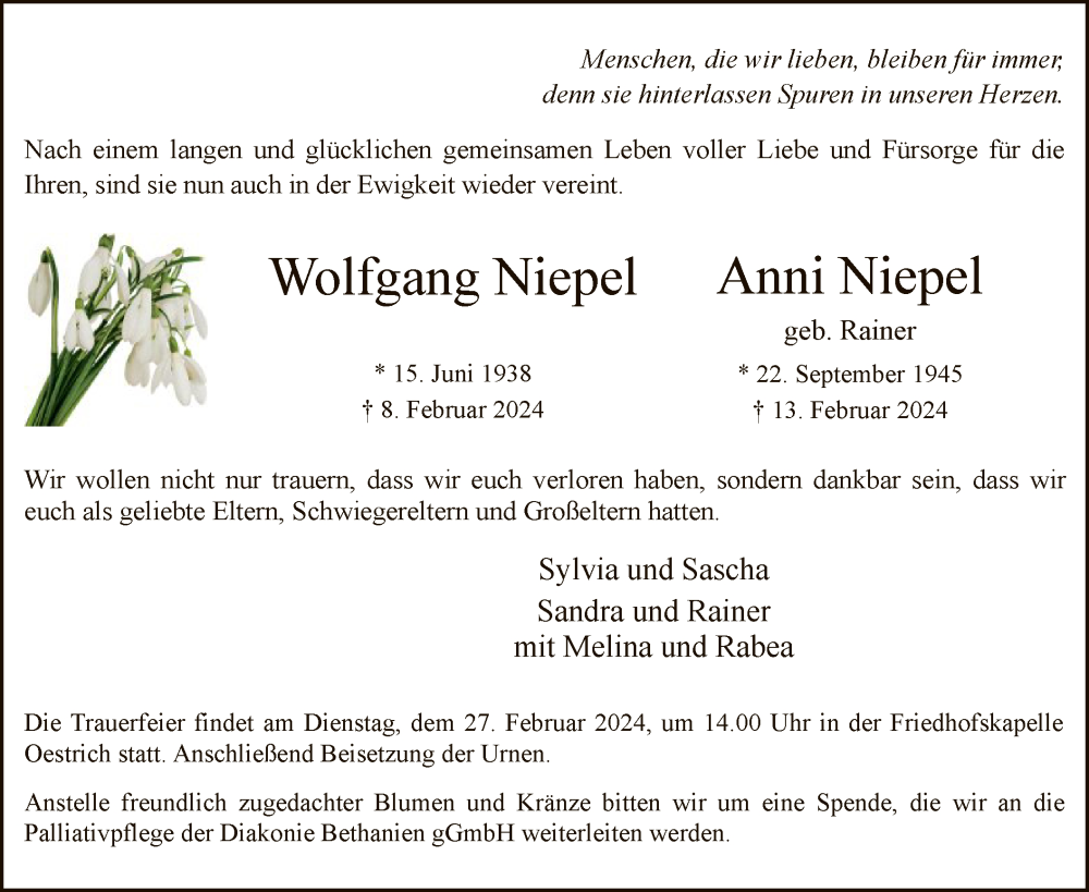  Traueranzeige für Wolfgang und Anni Niepel vom 17.02.2024 aus WA