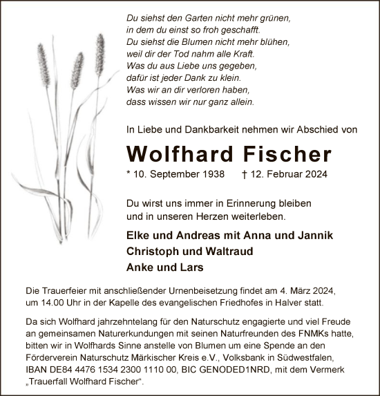 Traueranzeige von Wolfhard Fischer von WA