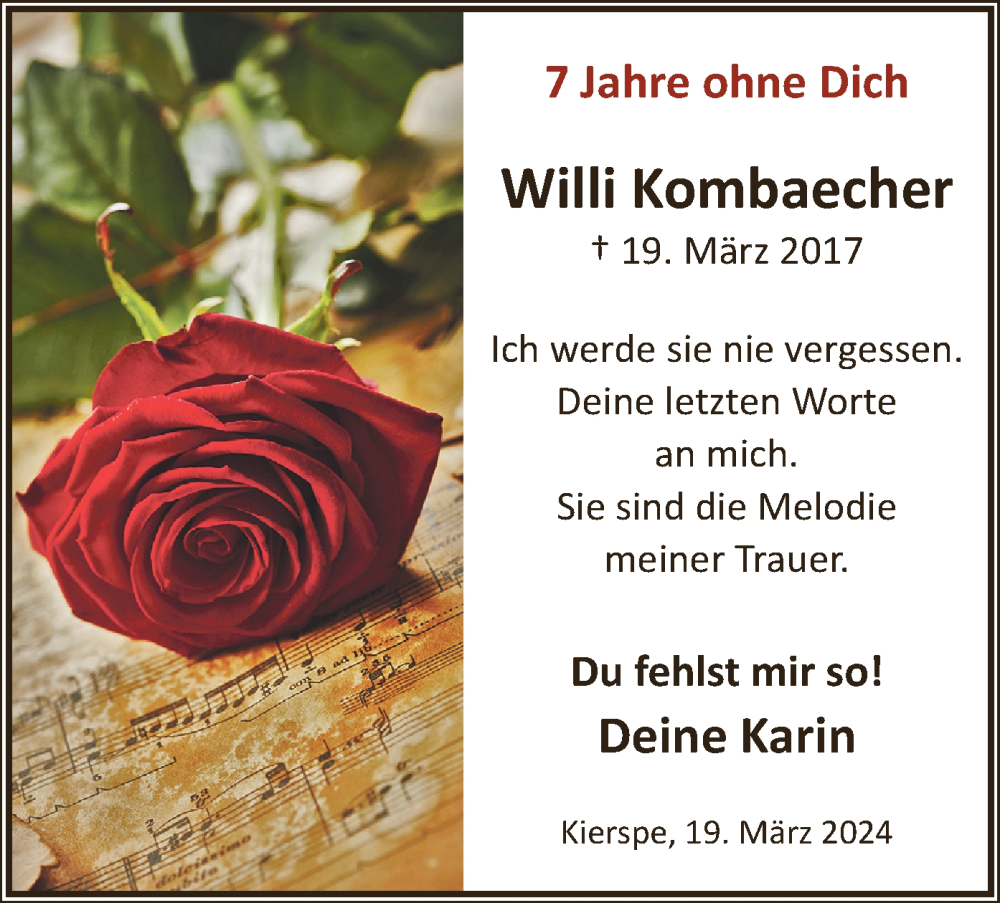  Traueranzeige für Willi Kombaecher vom 19.03.2024 aus MZV