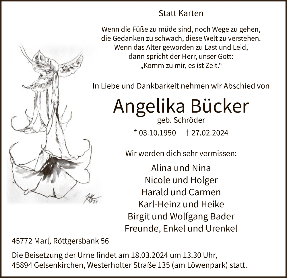  Traueranzeige für Angelika Bücker vom 09.03.2024 aus WA