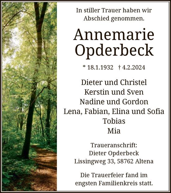 Traueranzeige von Annemarie Opderbeck von WA