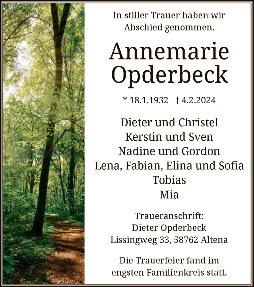  Traueranzeige für Annemarie Opderbeck vom 09.03.2024 aus WA