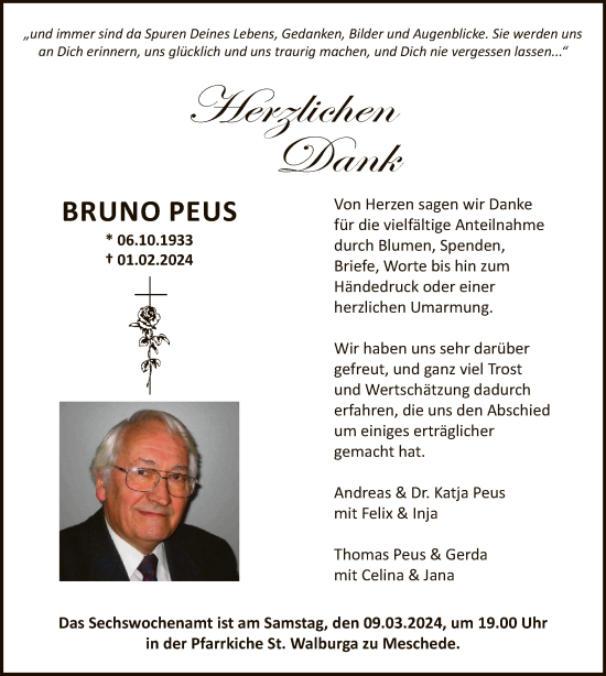 Traueranzeige von Bruno Peus von WA