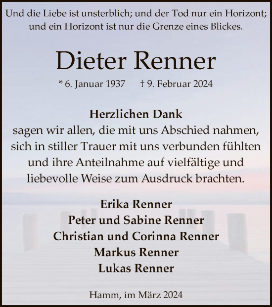 Traueranzeige von Dieter Renner von WA