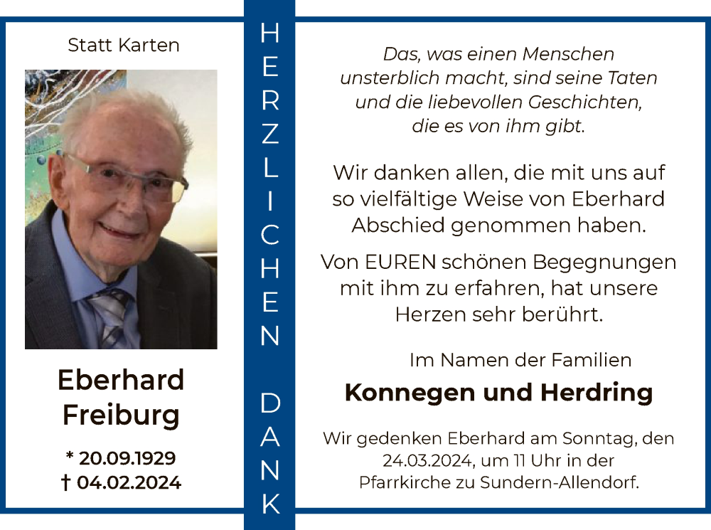  Traueranzeige für Eberhard Freiburg vom 16.03.2024 aus WA
