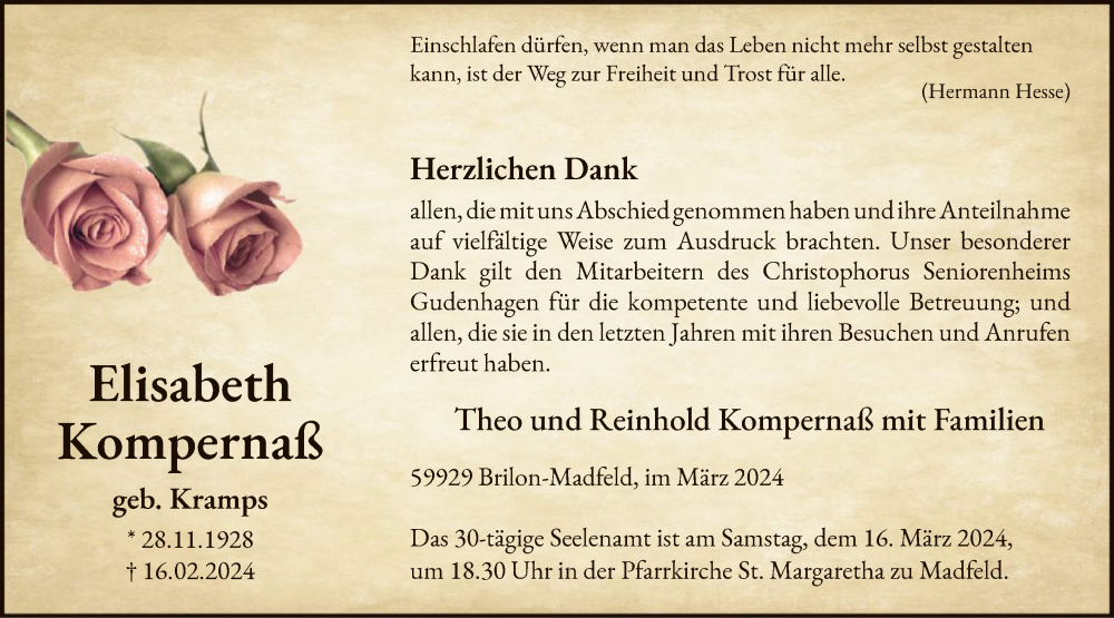  Traueranzeige für Elisabeth Kompernaß vom 09.03.2024 aus WA