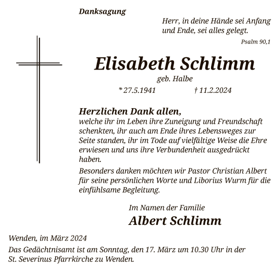 Traueranzeige von Elisabeth Schlimm von WA