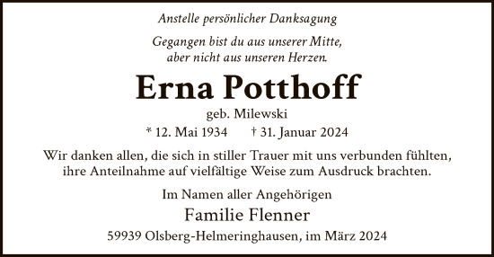 Traueranzeige von Erna Potthoff von WA