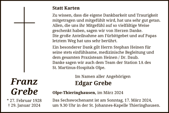 Traueranzeige von Franz Grebe von WA