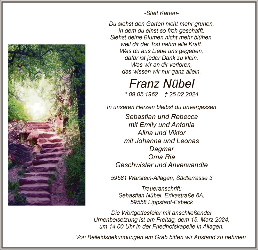  Traueranzeige für Franz Nübel vom 08.03.2024 aus WA
