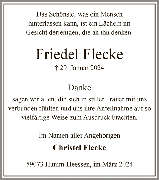 Traueranzeige von Friedel Flecke von WA