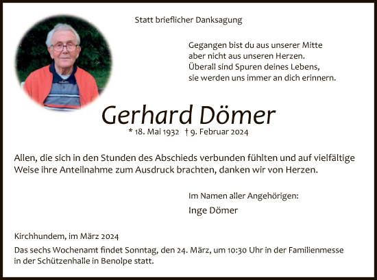 Traueranzeige von Gerhard Dömer von WA