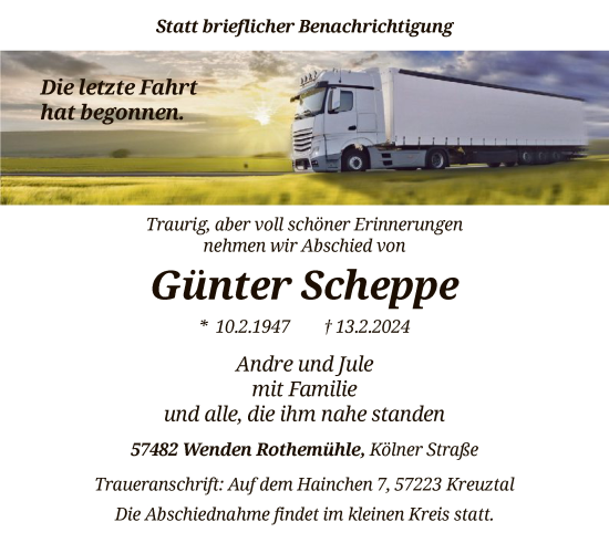 Traueranzeige von Günter Scheppe von WA