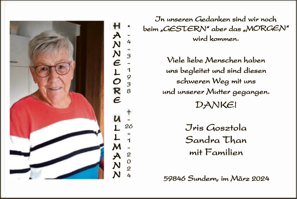  Traueranzeige für Hannelore Ullmann vom 16.03.2024 aus WA