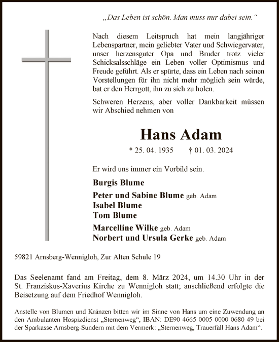 Traueranzeige von Hans Adam von WA