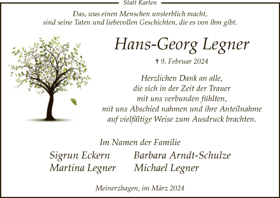 Traueranzeige von Hans-Georg Legner von WA