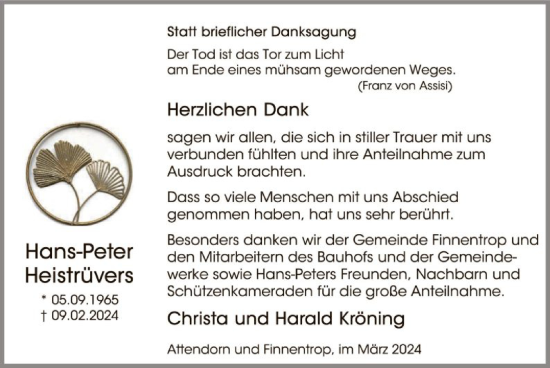 Traueranzeige von Hans-Peter Heistrüvers von WA