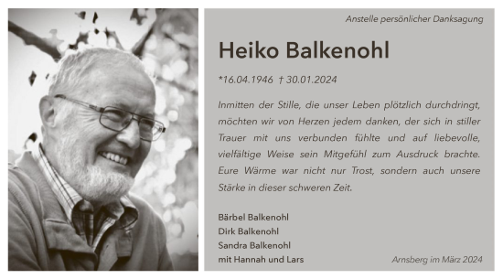 Traueranzeige von Heiko Balkenohl von WA