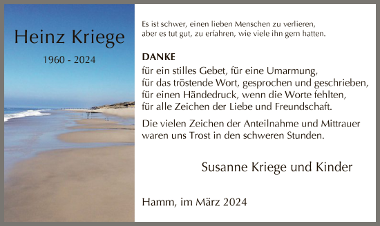 Traueranzeige von Heinz Kriege von WA