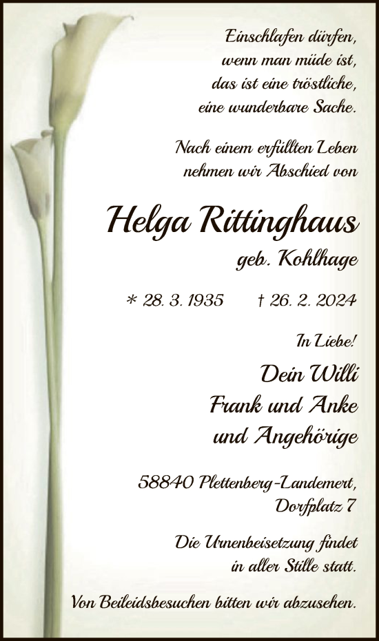 Traueranzeige von Helga Rittinghaus von WA