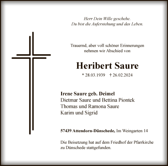 Traueranzeige von Heribert Saure von WA