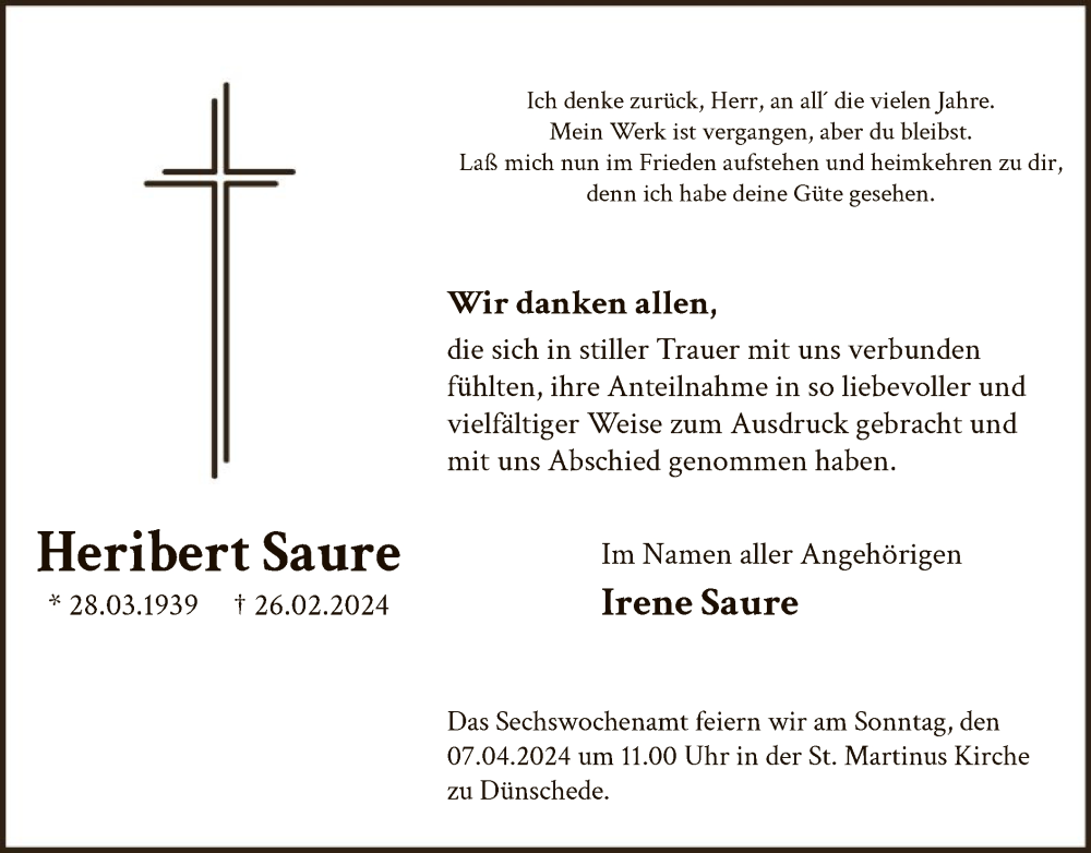  Traueranzeige für Heribert Saure vom 30.03.2024 aus WA
