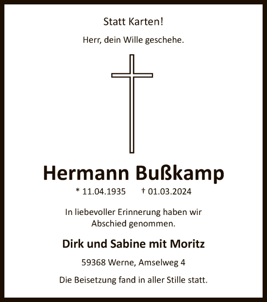 Traueranzeige von Hermann Bußkamp von WA
