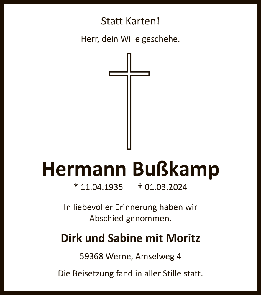  Traueranzeige für Hermann Bußkamp vom 09.03.2024 aus WA