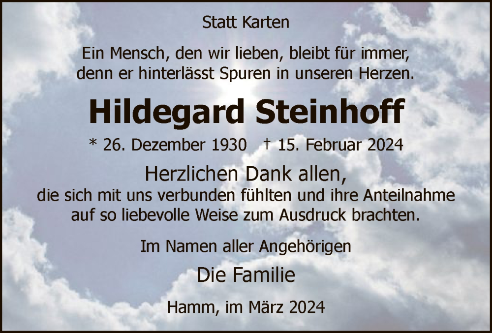  Traueranzeige für Hildegard Steinhoff vom 30.03.2024 aus WA