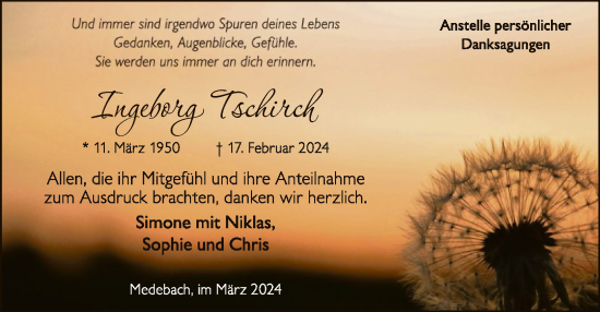 Traueranzeige von Ingeborg Tschirch von WA
