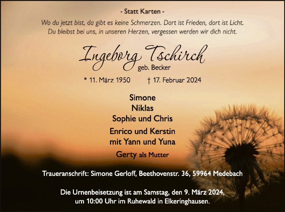  Traueranzeige für Ingeborg Tschirch vom 02.03.2024 aus WA