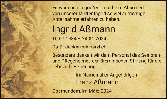 Traueranzeige von Ingrid Aßmann von WA