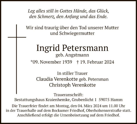 Traueranzeige von Ingrid Petersmann von WA