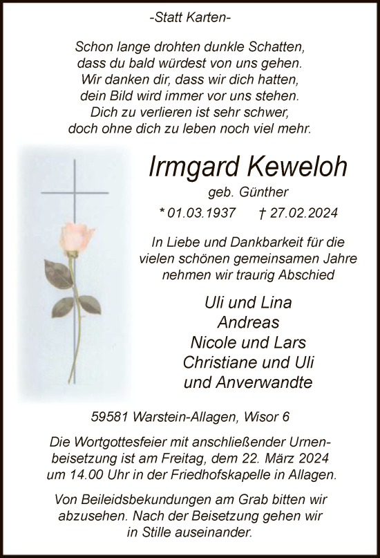 Traueranzeige von Irmgard Keweloh von WA