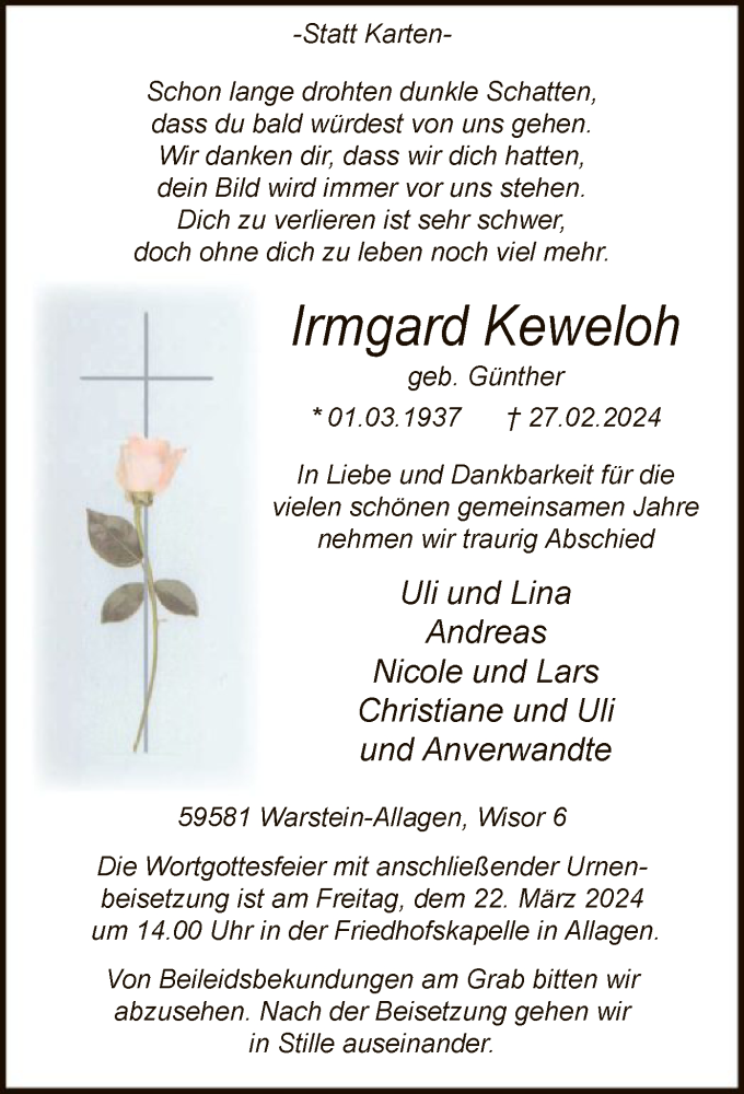  Traueranzeige für Irmgard Keweloh vom 12.03.2024 aus WA