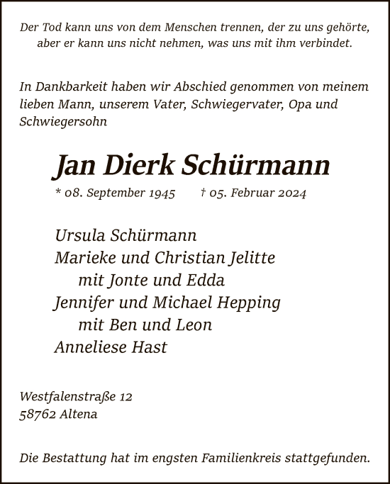 Traueranzeige von Jan Dierk Schürmann von WA