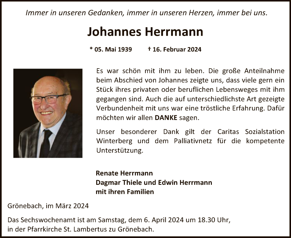 Traueranzeige für Johannes Herrmann vom 30.03.2024 aus WA