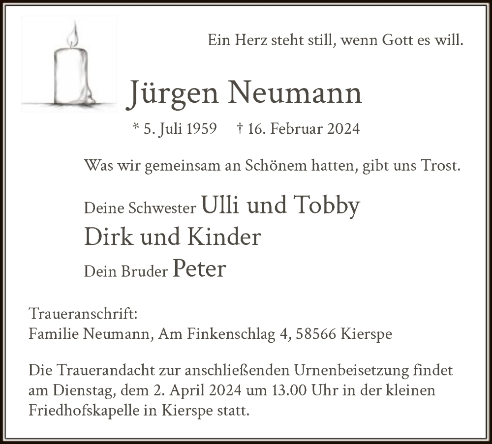  Traueranzeige für Jürgen Neumann vom 28.03.2024 aus WA