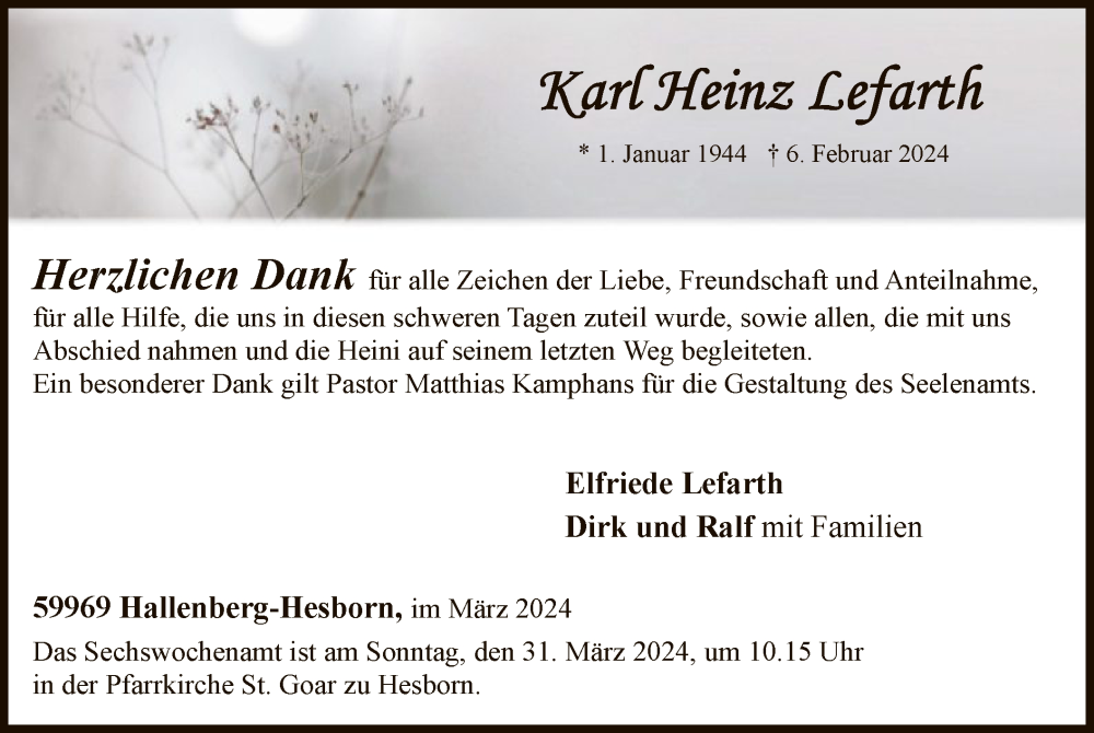  Traueranzeige für Karl Heinz Lefarth vom 23.03.2024 aus WA