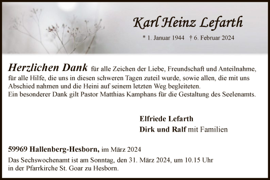 Traueranzeige von Karl Heinz Lefarth von WA