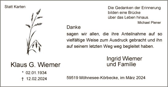 Traueranzeige von Klaus G. Wiemer von WA