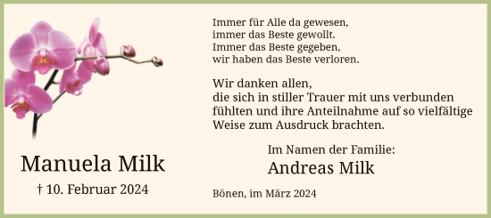 Traueranzeige von Manuela Milk von WA