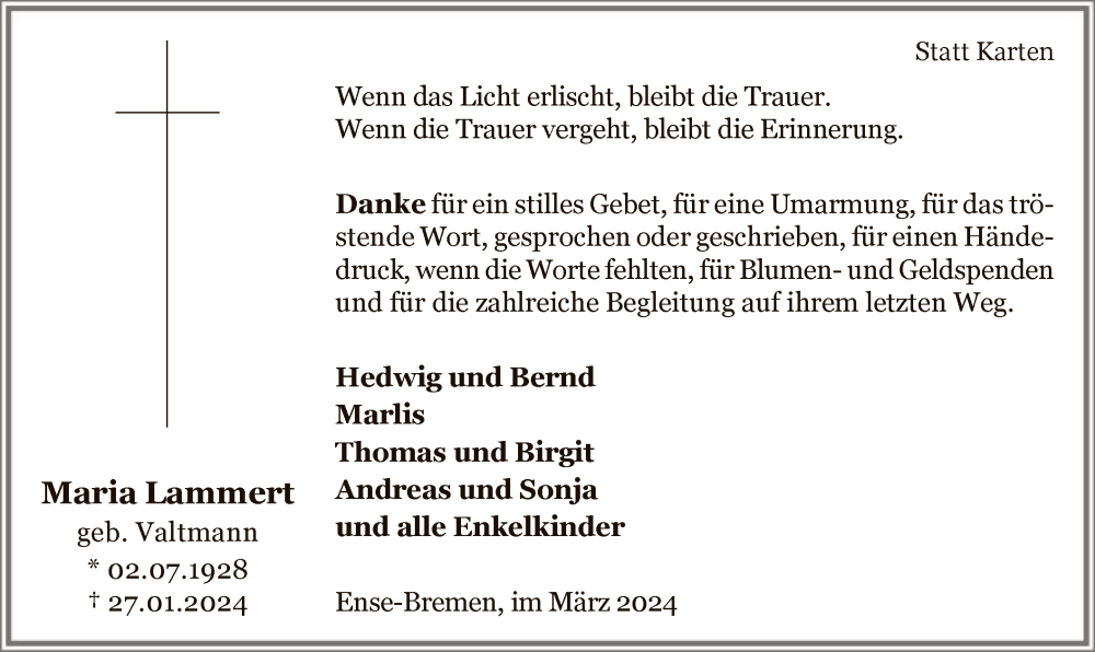  Traueranzeige für Maria Lammert vom 16.03.2024 aus WA