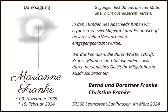 Traueranzeige von Marianne Franke von WA