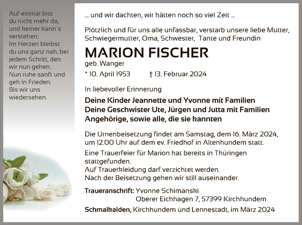  Traueranzeige für Marion Fischer vom 09.03.2024 aus WA