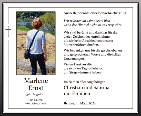 Traueranzeige von Marlene Ernst von WA